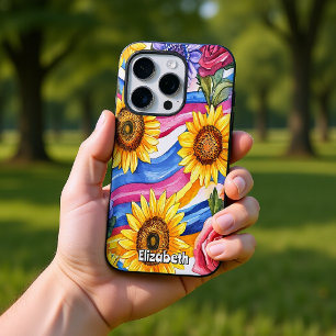 Coques iPhone 16 Pro Fleurs de soleil et vagues arc-en-ciel