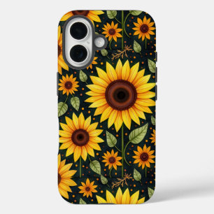 Coques iPhone 16 Fleurs de soleil jaunes sur le noir