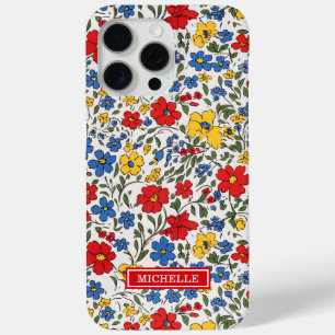 Coque iPhone 15 Pro Max Fleurs Ditsy Bleu Rouge et Jaune Monogrammées