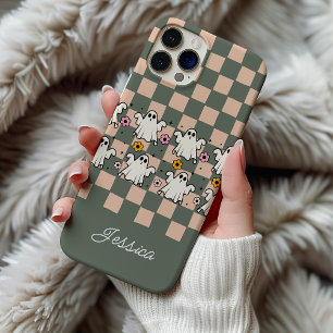 Coque iPhone 15 Pro Fleurs et Damier de Fantômes Effrayants