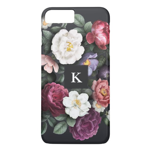 Coques Case-Mate iPhone Fleurs foncées sur fond noir | Monogramme (Dos)