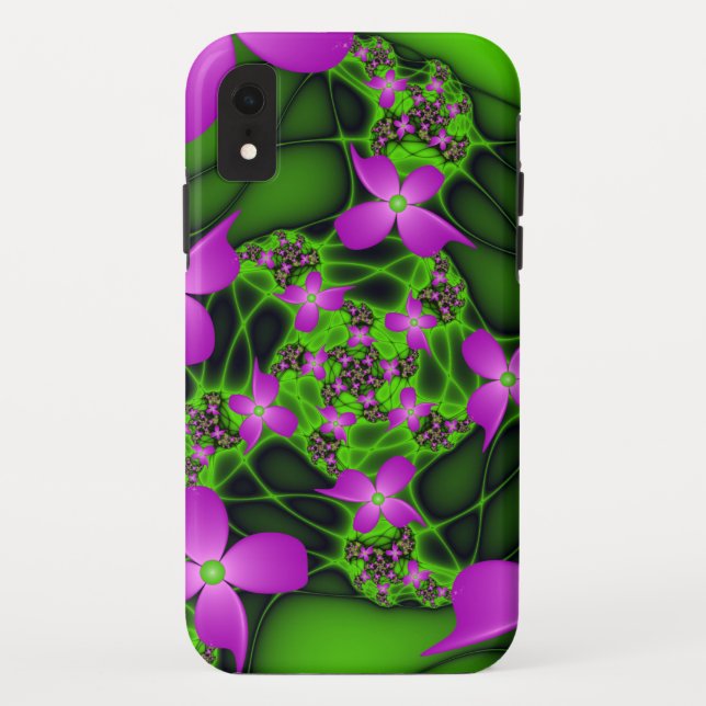 Coques Case-Mate iPhone Fleurs fractales Abstraites de néon rose vert (Dos)