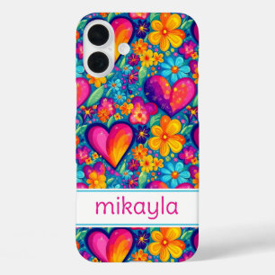 Coques iPhone 16 Plus Fleurs Hippies Groovy Rétro Cœurs Personnalisés