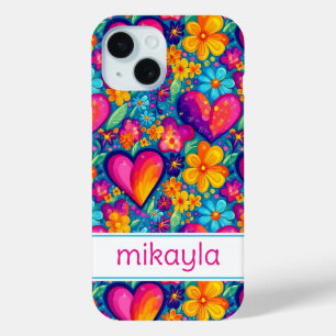Coque Pour iPhone 15 Fleurs Hippies Groovy Rétro et Cœurs Personnalisés