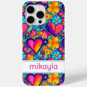 Coque iPhone 15 Pro Max Fleurs Hippies Rétro Groovy Cœurs Personnalisés