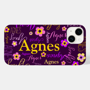 Coque Pour iPhone 14 Fleurs jaune rose violet et nom Agnes