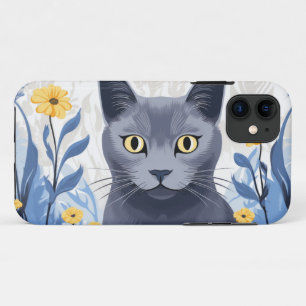 Case-Mate iPhone Case Fleurs Jaunes Chat Bleu Russe
