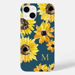 Coque Pour iPhone 14 Fleurs jaunes d'aquarelle sur le Monogramme bleu