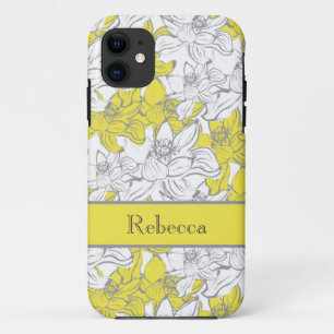 Case-Mate iPhone Case Fleurs jaunes et grises avec monogramme 