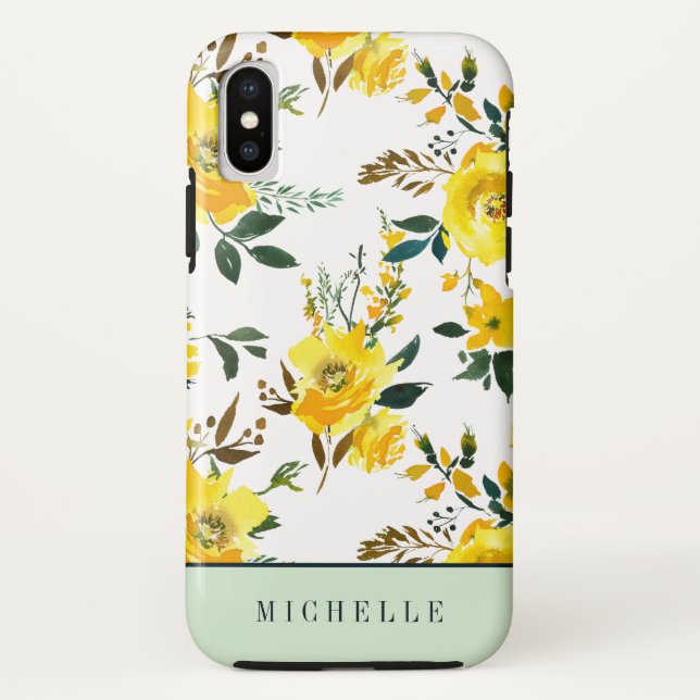 Coques Case-Mate iPhone Fleurs jaunes et monogramme vert (Dos)