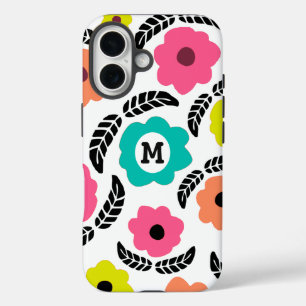 Coques iPhone 16 Fleurs lumineuses modernes et monogramme à feuille