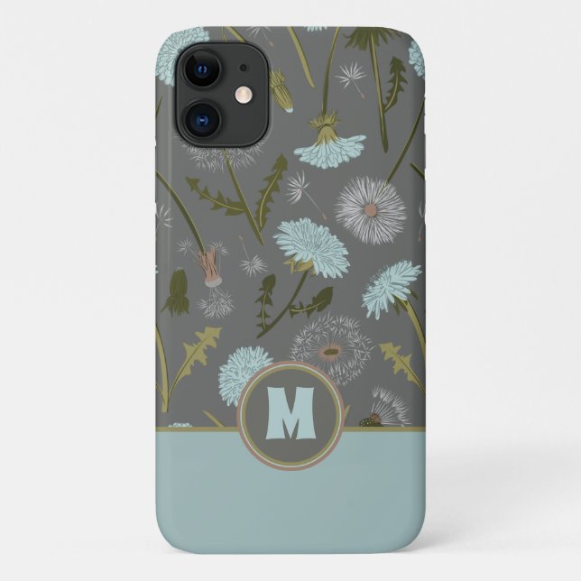 Coques Case-Mate iPhone Fleurs lunaires Monogrammes Gris Bleu Dandelion (Dos)