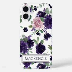 Coques iPhone 16 Plus Fleurs luxuriantes Monogramme Motif violet et ro