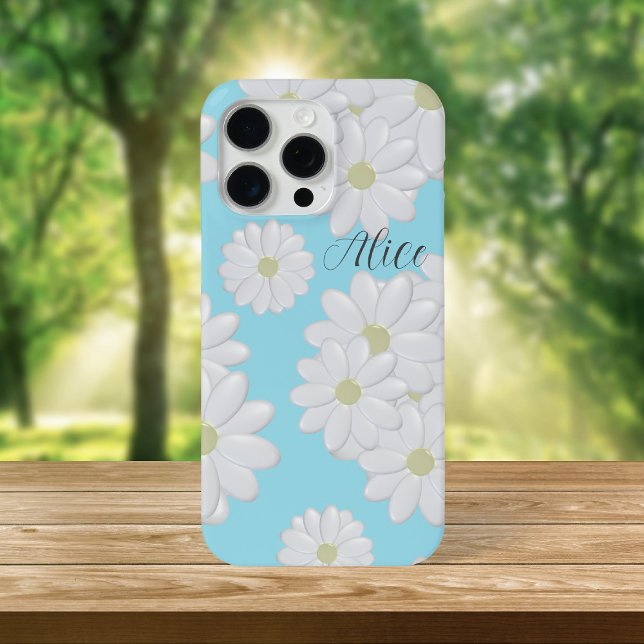 Coques Case-Mate iPhone Fleurs marguerites blanches Moderne Floral Ciel bl (A pretty sky blue and white daisy phone case with space for your name)