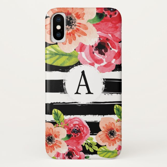 Coques Case-Mate iPhone Fleurs Monogrammes Noirs Blancs tendance (Dos)