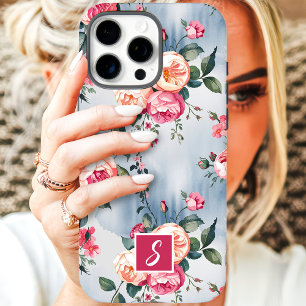 Coques iPhone 16 Pro Max Fleurs monogrammes roses et pêche