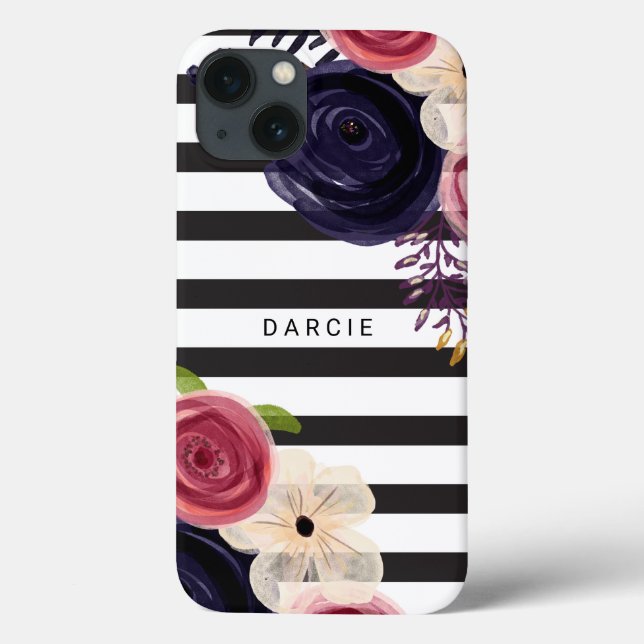 Coques Case-Mate iPhone Fleurs Noir Blanc rayé Personnalisé (Verso)