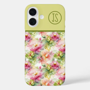 Coques iPhone 16 Fleurs Pastel Illustration d'encre d'alcool Monogr