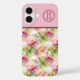 Coques iPhone 16 Fleurs Pastel Illustration d'encre d'alcool Monogr