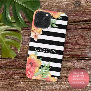 Coque Pour Pour iPhone 14 Pro Max Fleurs personnalisées Hawaï motif rayures noir et