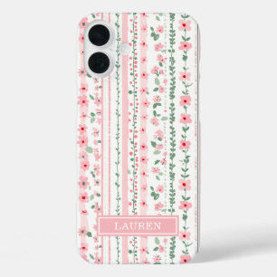 Coques iPhone 16 Plus Fleurs rayées rose personnalisées