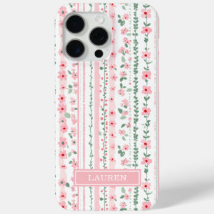 Coque iPhone 15 Pro Max Fleurs rayées rose personnalisées