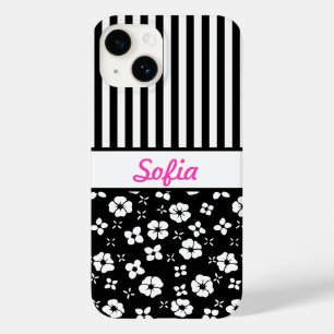 Coque Pour iPhone 14 Fleurs/rayures noires/blanches Monogrammes