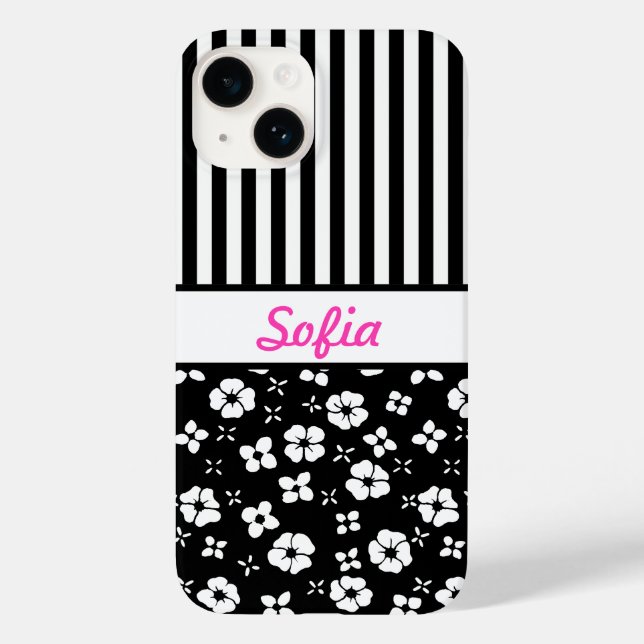 Coques Case-Mate iPhone Fleurs/rayures noires/blanches Monogrammes (Verso)