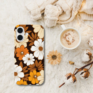 Coques iPhone 16 Fleurs Rétro Hippie Beige Jaune Marron Orange