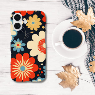 Coques iPhone 16 Fleurs rétro hippie bleu jaune beige rouge