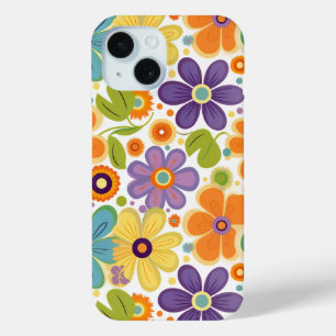 Coque Pour iPhone 15 Fleurs rétro Lilac orange et vert
