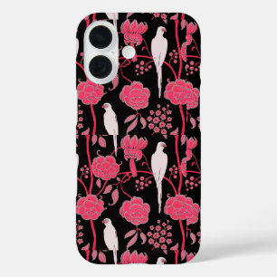 Coques iPhone 16 FLEURS roses ART DÉCO, PIROTS BLANCS SUR NOIR