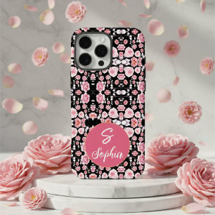 Coques iPhone 16 Pro Max Fleurs roses élégantes sur motif noir