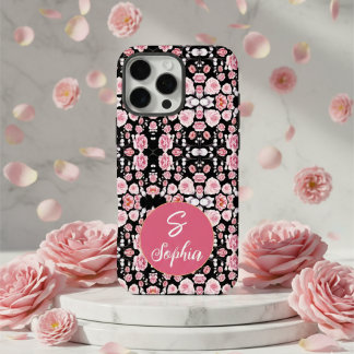 Coques iPhone 16 Pro Max Fleurs roses élégantes sur motif noir