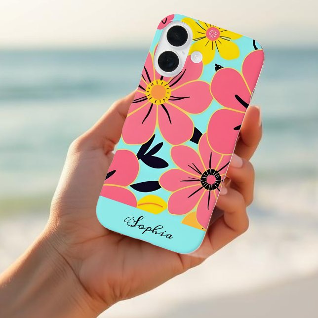 Coques Case-Mate iPhone Fleurs roses et jaunes sur Sky Blue Dopamine (Pink & Yellow Blossoms on Sky Blue-Dopamine Style Case-Mate iPhone Case)