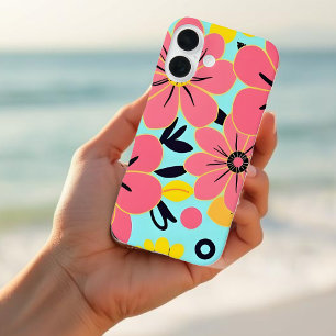 Coques iPhone 16 Fleurs roses et jaunes sur Sky Blue Dopamine