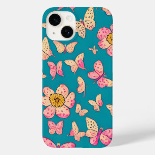 Coque Pour iPhone 14 Fleurs roses et papillons Motif Arrière - plan