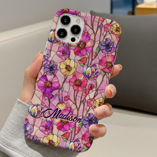 Coques iPhone 16 Fleurs roses et violettes en verre coloré