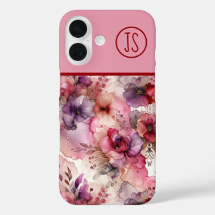 Coques iPhone 16 Fleurs roses et violettes Encre d'alcool Monogramm