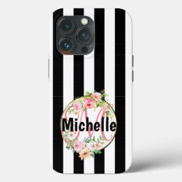 Case-Mate iPhone Case Fleurs roses monogrammées rayures noires et blanch
