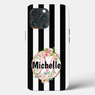 Case-Mate iPhone Case Fleurs roses monogrammées rayures noires et blanch