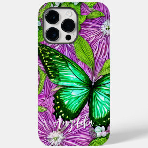 Coque Pour Pour iPhone 14 Pro Max Fleurs roses Papillon vert Nom personnalisé