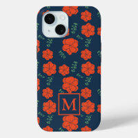 Fleurs rouges Motif Monogramme bleu foncé