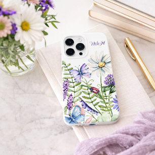 Coque Pour Pour iPhone 14 Pro Max Fleurs sauvages avec monogramme de papillon