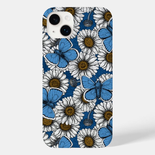Coques Case-Mate iPhone Fleurs sauvages blanches et papillons bleus (Verso)