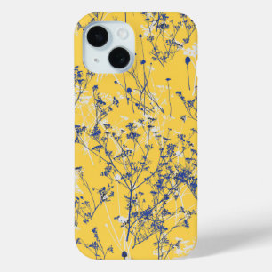 Coque Pour iPhone 15 Fleurs sauvages bleus Abstraits modernes sur Jaune
