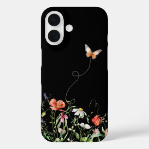 Coques iPhone 16 Fleurs sauvages et papillon en noir