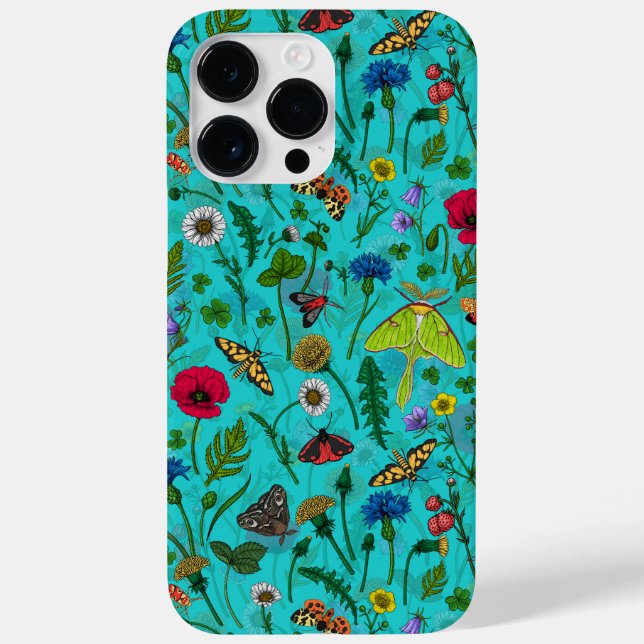 Coques Case-Mate iPhone Fleurs sauvages et papillons de nuit sur turquoise (Verso)