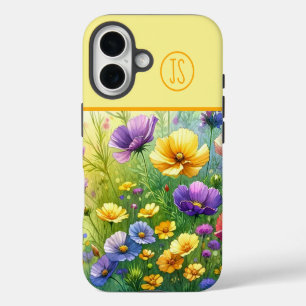 Coques iPhone 16 Fleurs sauvages jaunes et violets Monogrammes