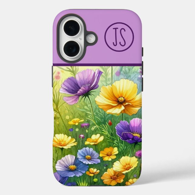 Coques Case-Mate iPhone Fleurs sauvages jaunes et violets Monogrammes (Verso)